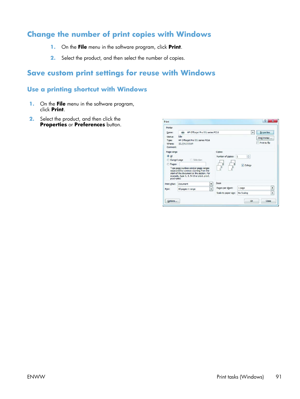 Change the number of print copies with windows, Save custom print settings for reuse with windows, Use a printing shortcut with windows | HP Officejet Pro X576 Multifunction Printer series User Manual | Page 107 / 336