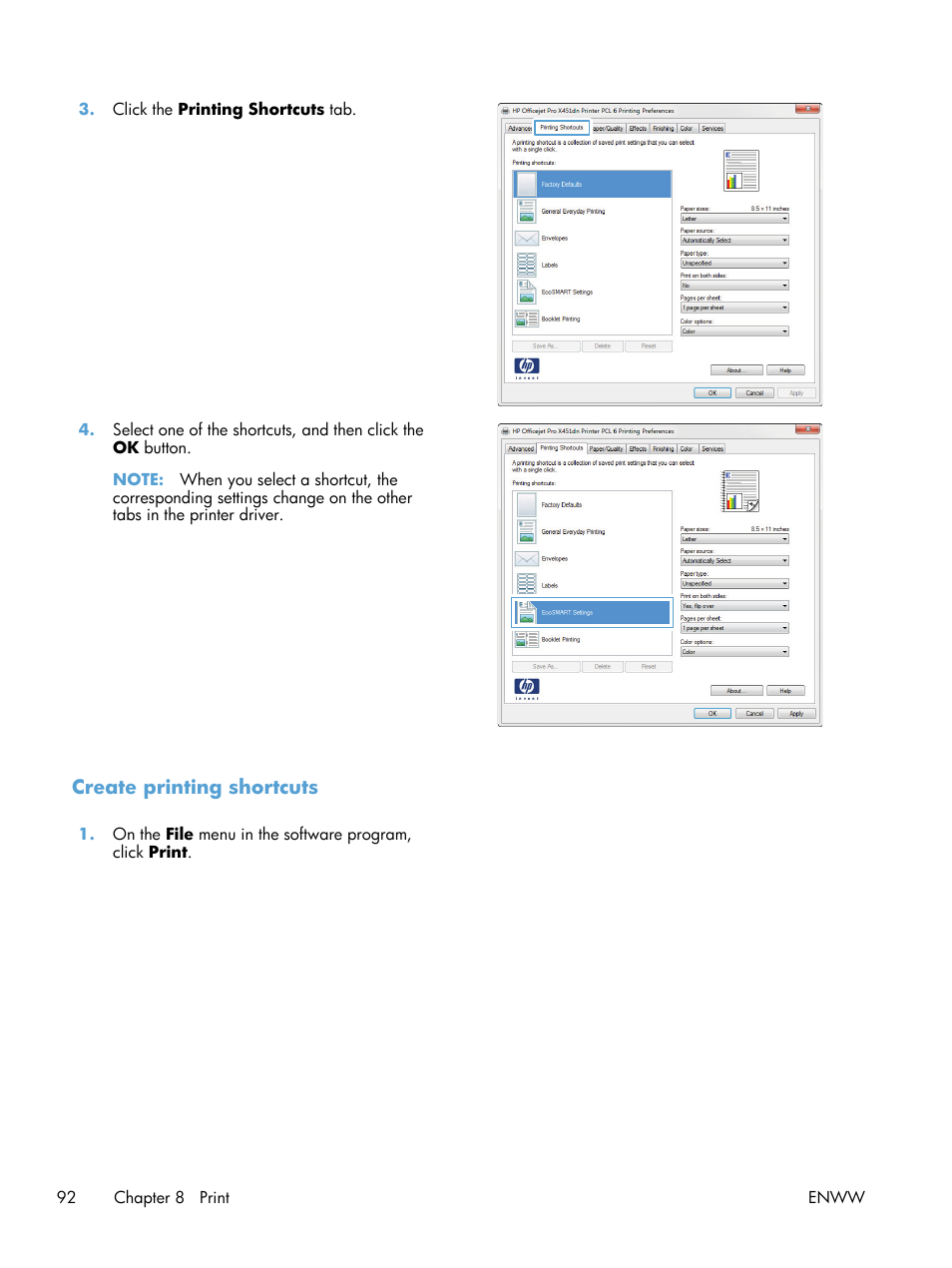 Create printing shortcuts | HP Officejet Pro X576 Multifunction Printer series User Manual | Page 108 / 336