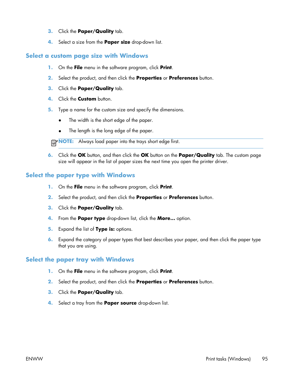 Select the paper type with windows, Select the paper tray with windows | HP Officejet Pro X576 Multifunction Printer series User Manual | Page 111 / 336