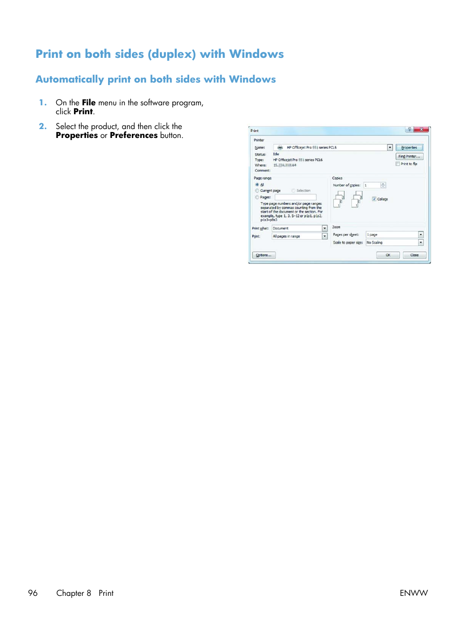 Print on both sides (duplex) with windows, Automatically print on both sides with windows | HP Officejet Pro X576 Multifunction Printer series User Manual | Page 112 / 336