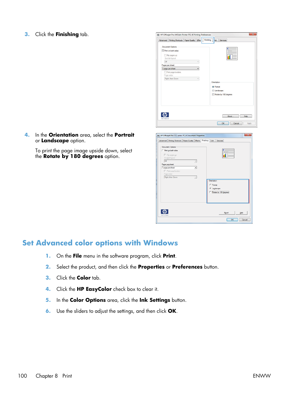 Set advanced color options with windows | HP Officejet Pro X576 Multifunction Printer series User Manual | Page 116 / 336