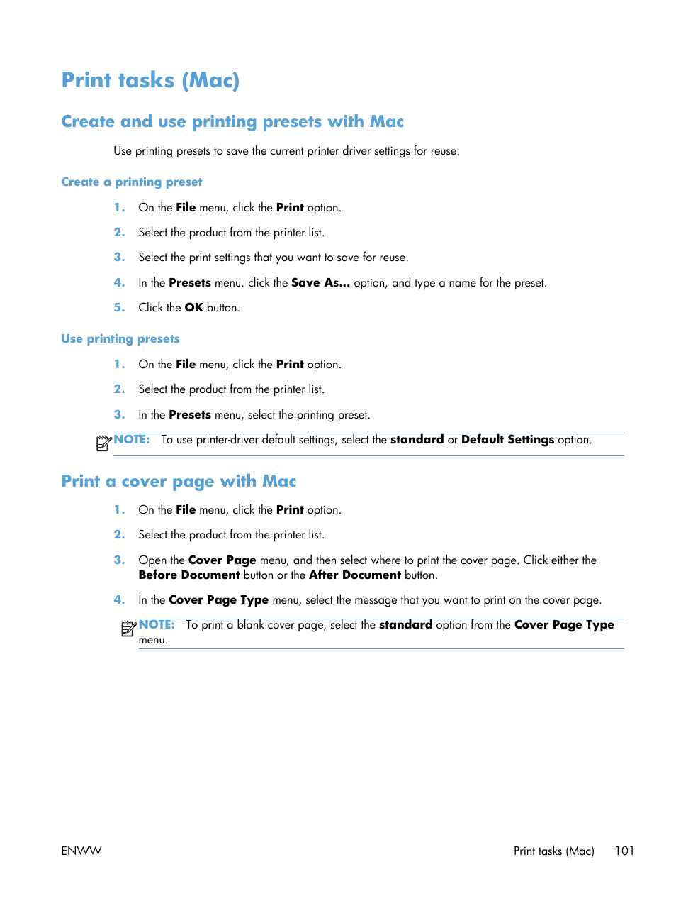 Print tasks (mac), Create and use printing presets with mac, Print a cover page with mac | HP Officejet Pro X576 Multifunction Printer series User Manual | Page 117 / 336