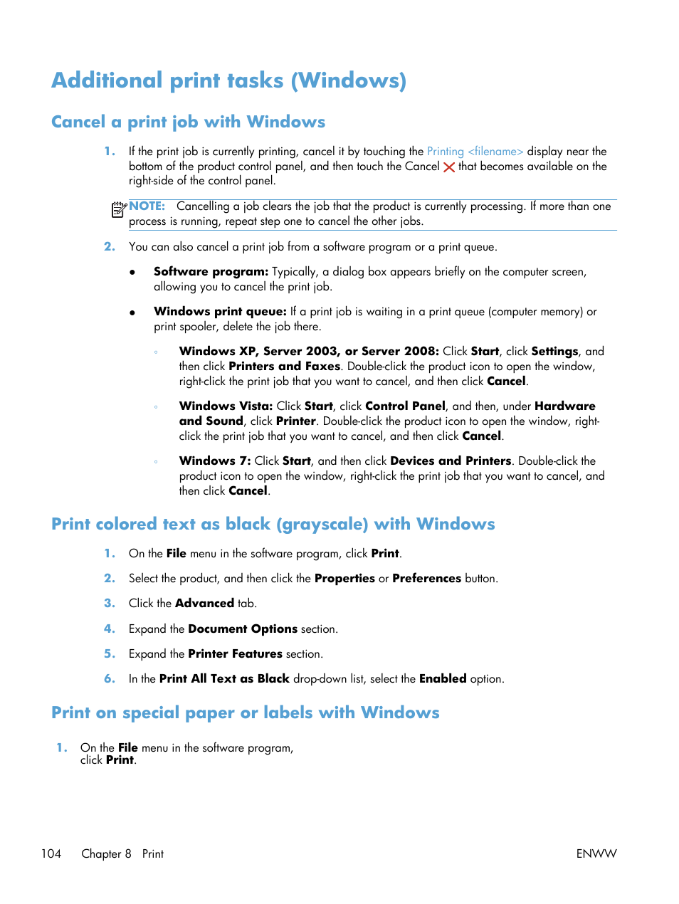 Additional print tasks (windows), Cancel a print job with windows, Print on special paper or labels with windows | HP Officejet Pro X576 Multifunction Printer series User Manual | Page 120 / 336