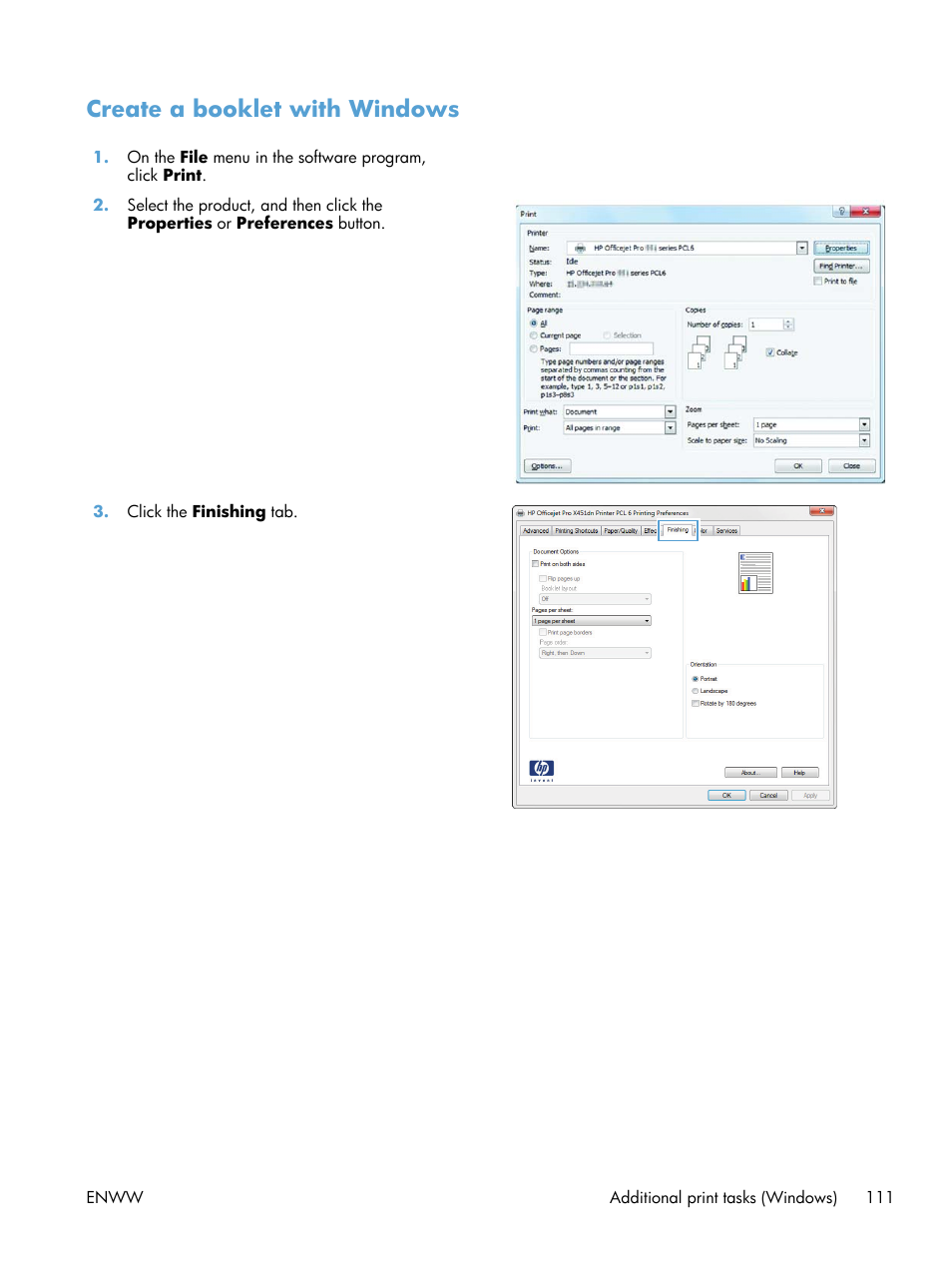 Create a booklet with windows | HP Officejet Pro X576 Multifunction Printer series User Manual | Page 127 / 336
