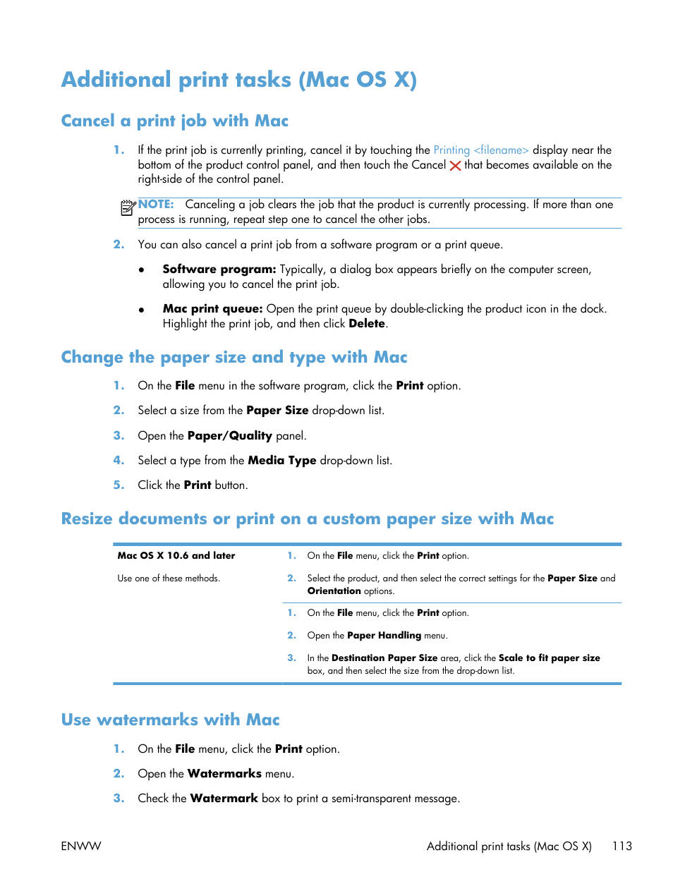 Additional print tasks (mac os x), Cancel a print job with mac, Change the paper size and type with mac | Use watermarks with mac | HP Officejet Pro X576 Multifunction Printer series User Manual | Page 129 / 336