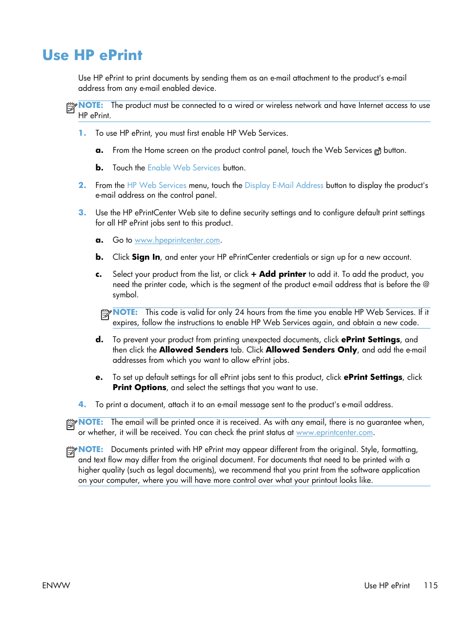Use hp eprint | HP Officejet Pro X576 Multifunction Printer series User Manual | Page 131 / 336