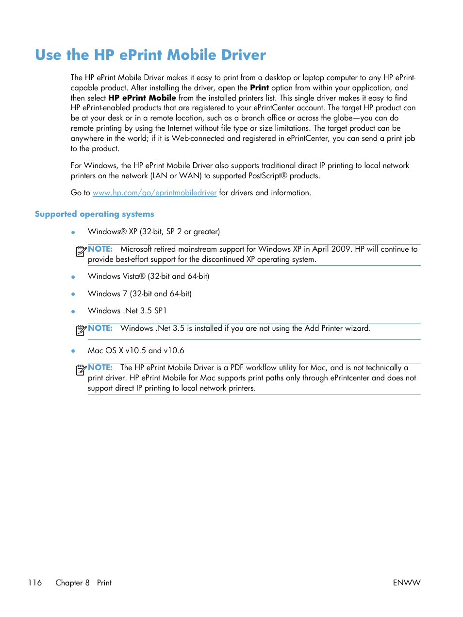 Use the hp eprint mobile driver | HP Officejet Pro X576 Multifunction Printer series User Manual | Page 132 / 336