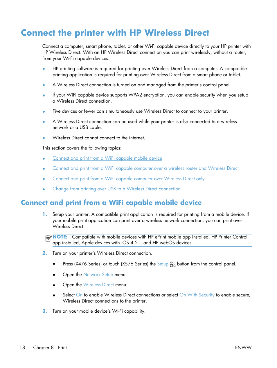 Connect the printer with hp wireless direct | HP Officejet Pro X576 Multifunction Printer series User Manual | Page 134 / 336