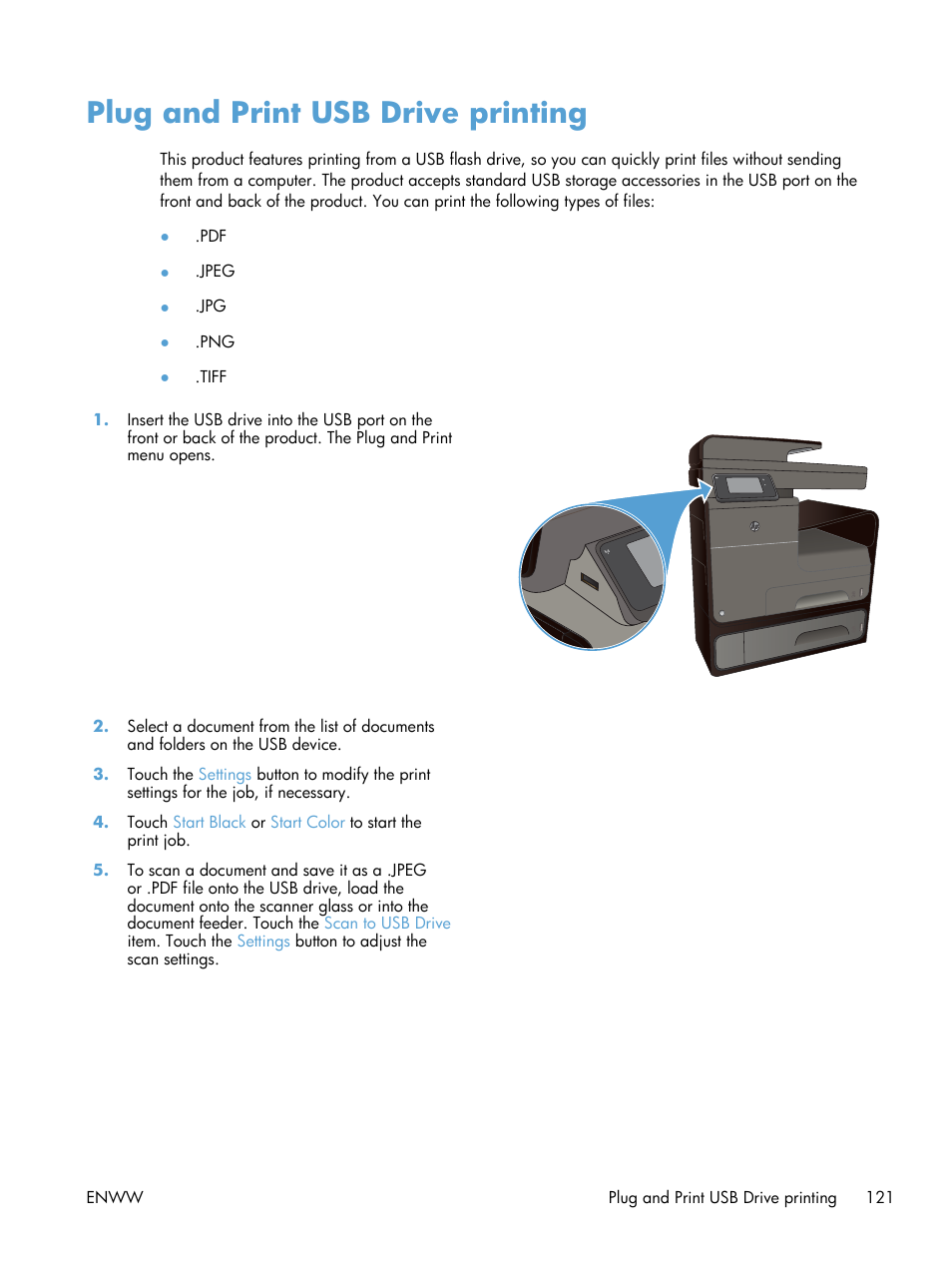 Plug and print usb drive printing | HP Officejet Pro X576 Multifunction Printer series User Manual | Page 137 / 336