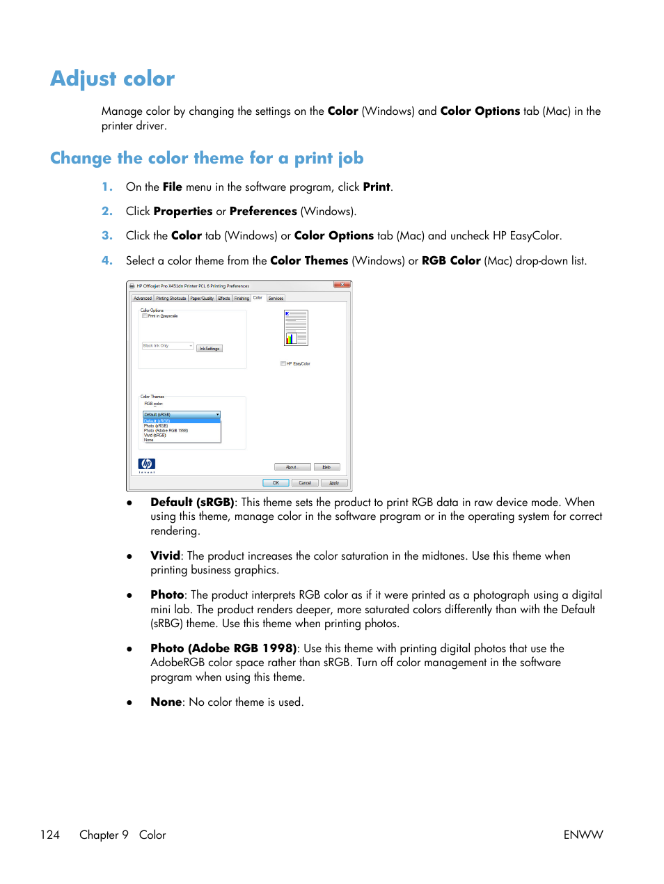 Adjust color, Change the color theme for a print job | HP Officejet Pro X576 Multifunction Printer series User Manual | Page 140 / 336