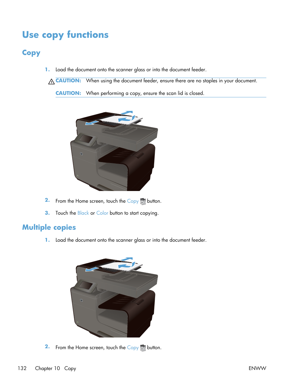 Use copy functions, Copy, Multiple copies | Copy multiple copies | HP Officejet Pro X576 Multifunction Printer series User Manual | Page 148 / 336