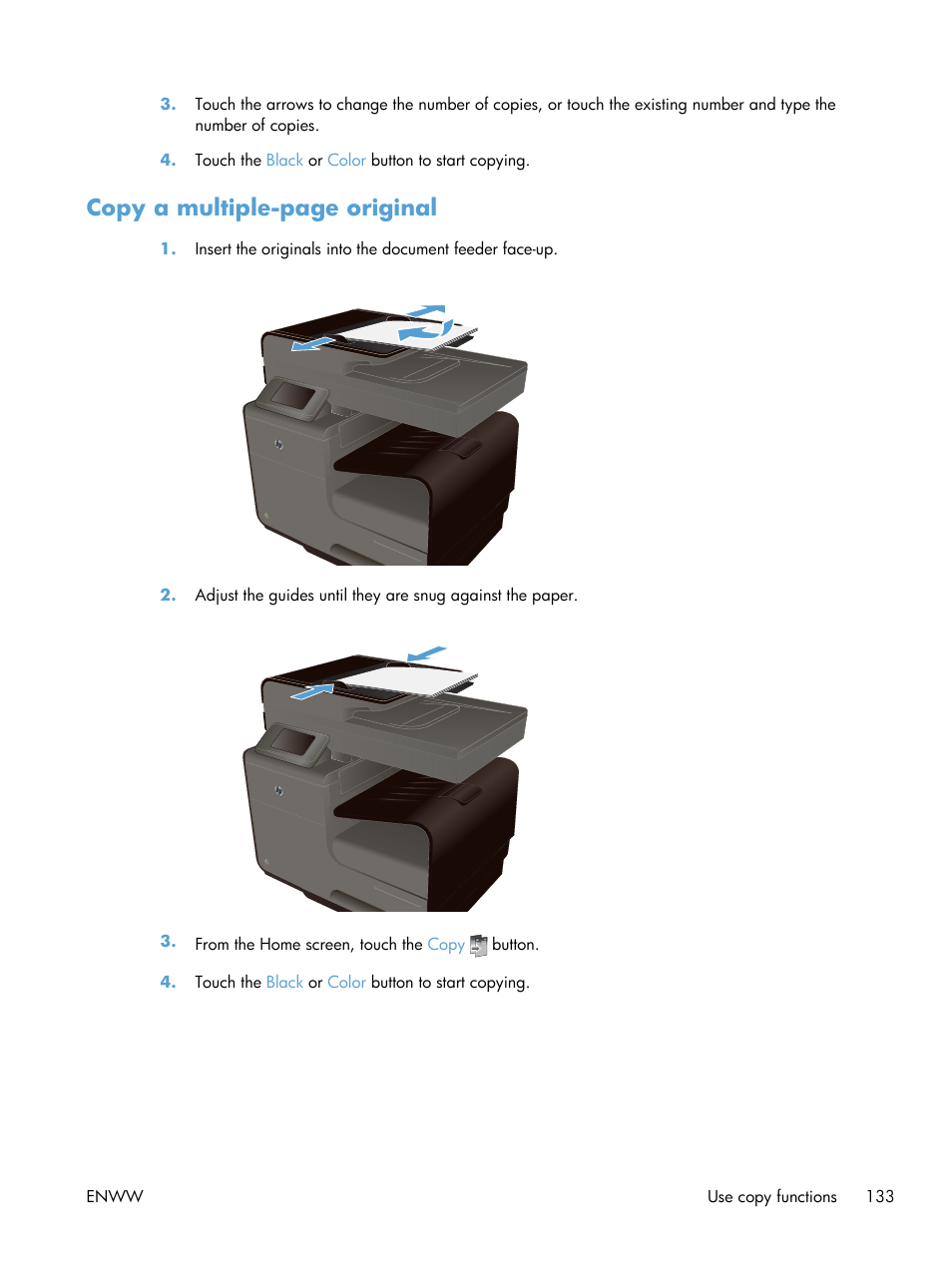 Copy a multiple-page original | HP Officejet Pro X576 Multifunction Printer series User Manual | Page 149 / 336