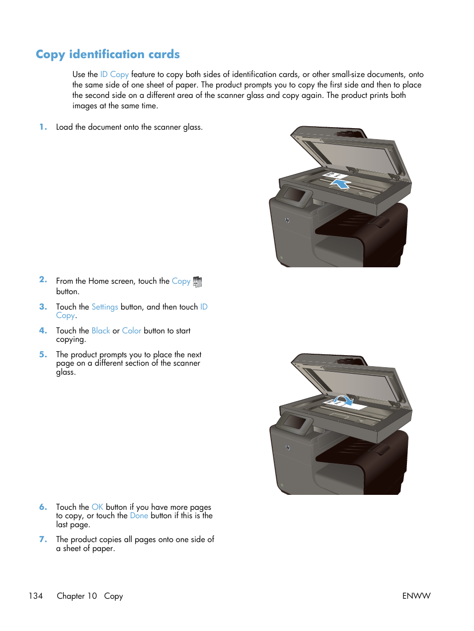 Copy identification cards | HP Officejet Pro X576 Multifunction Printer series User Manual | Page 150 / 336