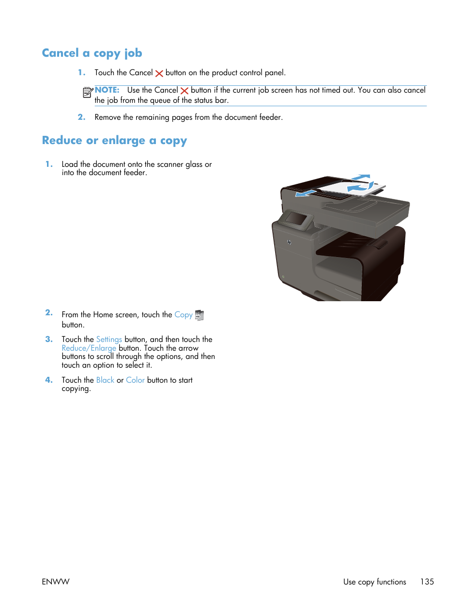 Cancel a copy job, Reduce or enlarge a copy | HP Officejet Pro X576 Multifunction Printer series User Manual | Page 151 / 336