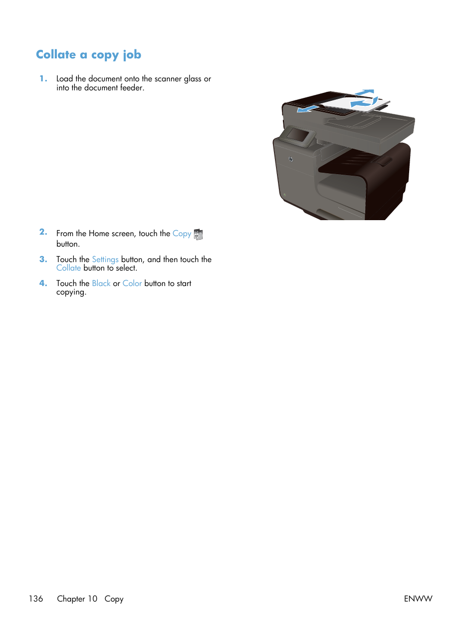 Collate a copy job | HP Officejet Pro X576 Multifunction Printer series User Manual | Page 152 / 336