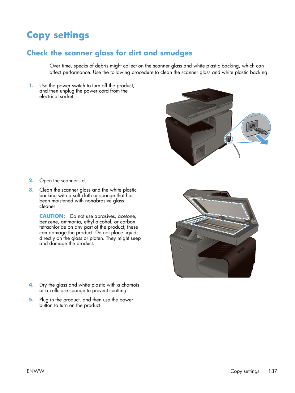 Copy settings, Check the scanner glass for dirt and smudges | HP Officejet Pro X576 Multifunction Printer series User Manual | Page 153 / 336