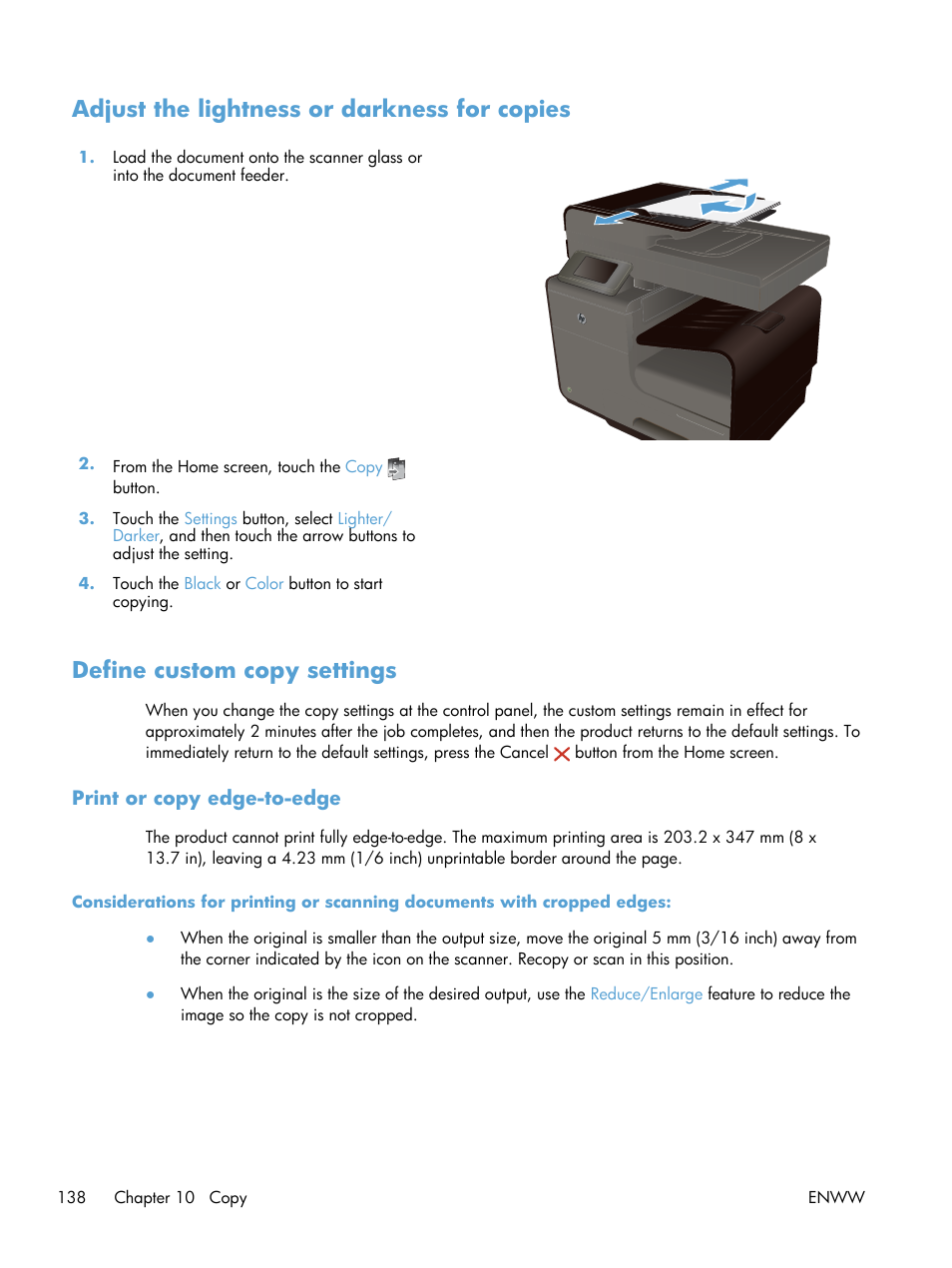 Adjust the lightness or darkness for copies, Define custom copy settings, Print or copy edge-to-edge | HP Officejet Pro X576 Multifunction Printer series User Manual | Page 154 / 336