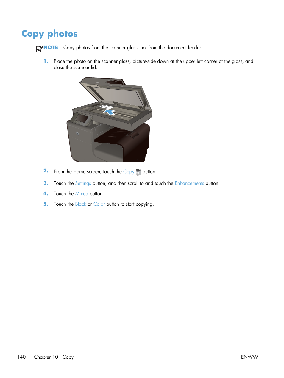 Copy photos | HP Officejet Pro X576 Multifunction Printer series User Manual | Page 156 / 336