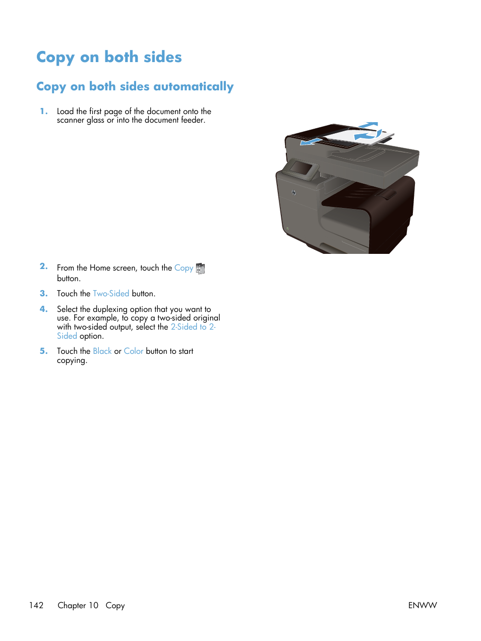 Copy on both sides, Copy on both sides automatically | HP Officejet Pro X576 Multifunction Printer series User Manual | Page 158 / 336