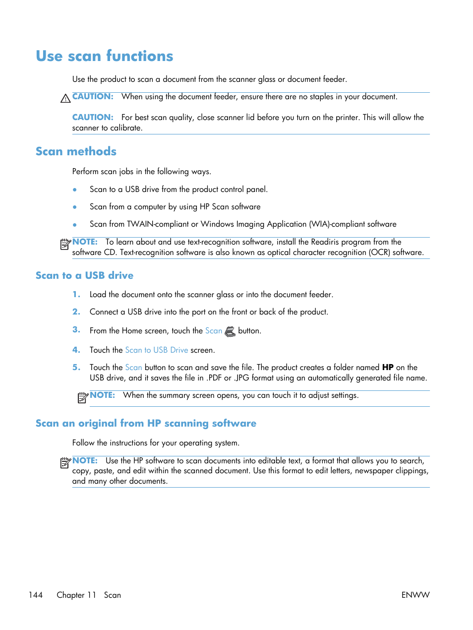 Use scan functions, Scan methods, Scan to a usb drive | Scan an original from hp scanning software | HP Officejet Pro X576 Multifunction Printer series User Manual | Page 160 / 336