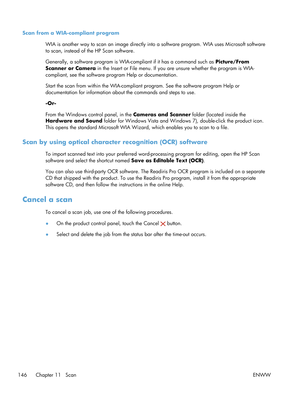 Scan from a wia-compliant program, Cancel a scan | HP Officejet Pro X576 Multifunction Printer series User Manual | Page 162 / 336