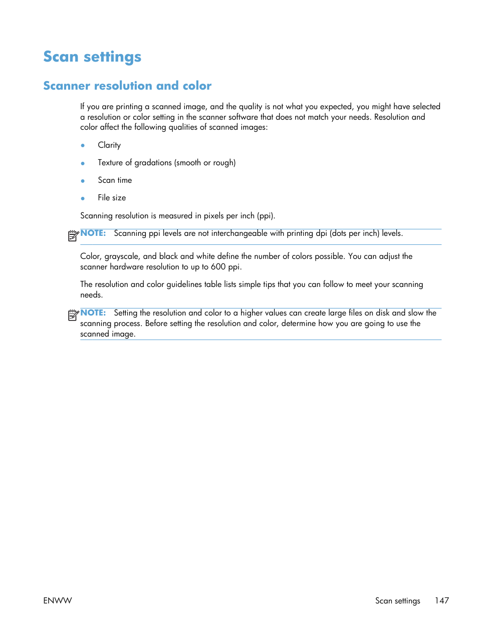 Scan settings, Scanner resolution and color | HP Officejet Pro X576 Multifunction Printer series User Manual | Page 163 / 336