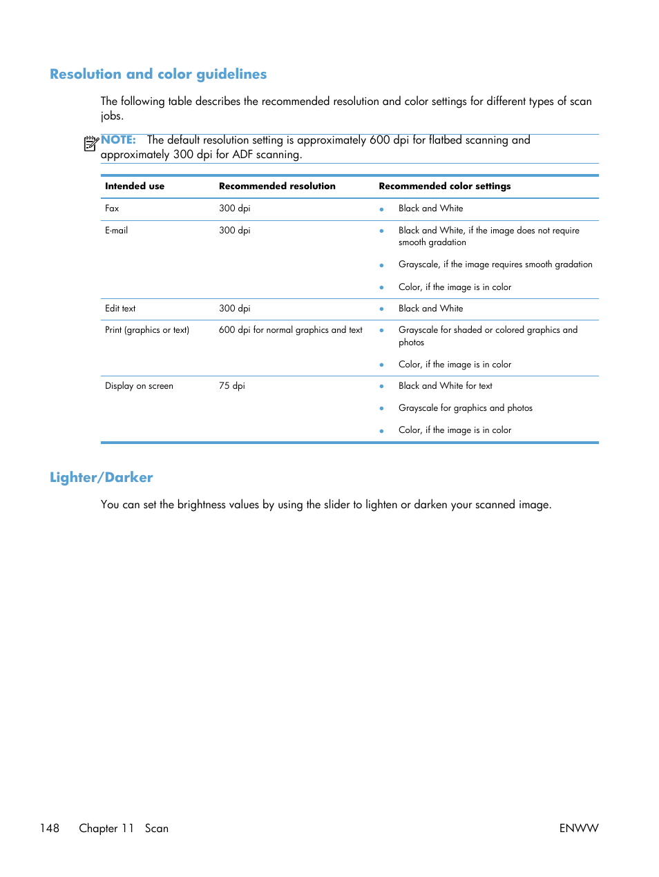 Resolution and color guidelines, Lighter/darker | HP Officejet Pro X576 Multifunction Printer series User Manual | Page 164 / 336