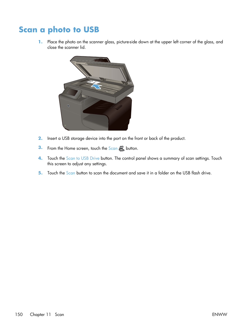 Scan a photo to usb | HP Officejet Pro X576 Multifunction Printer series User Manual | Page 166 / 336