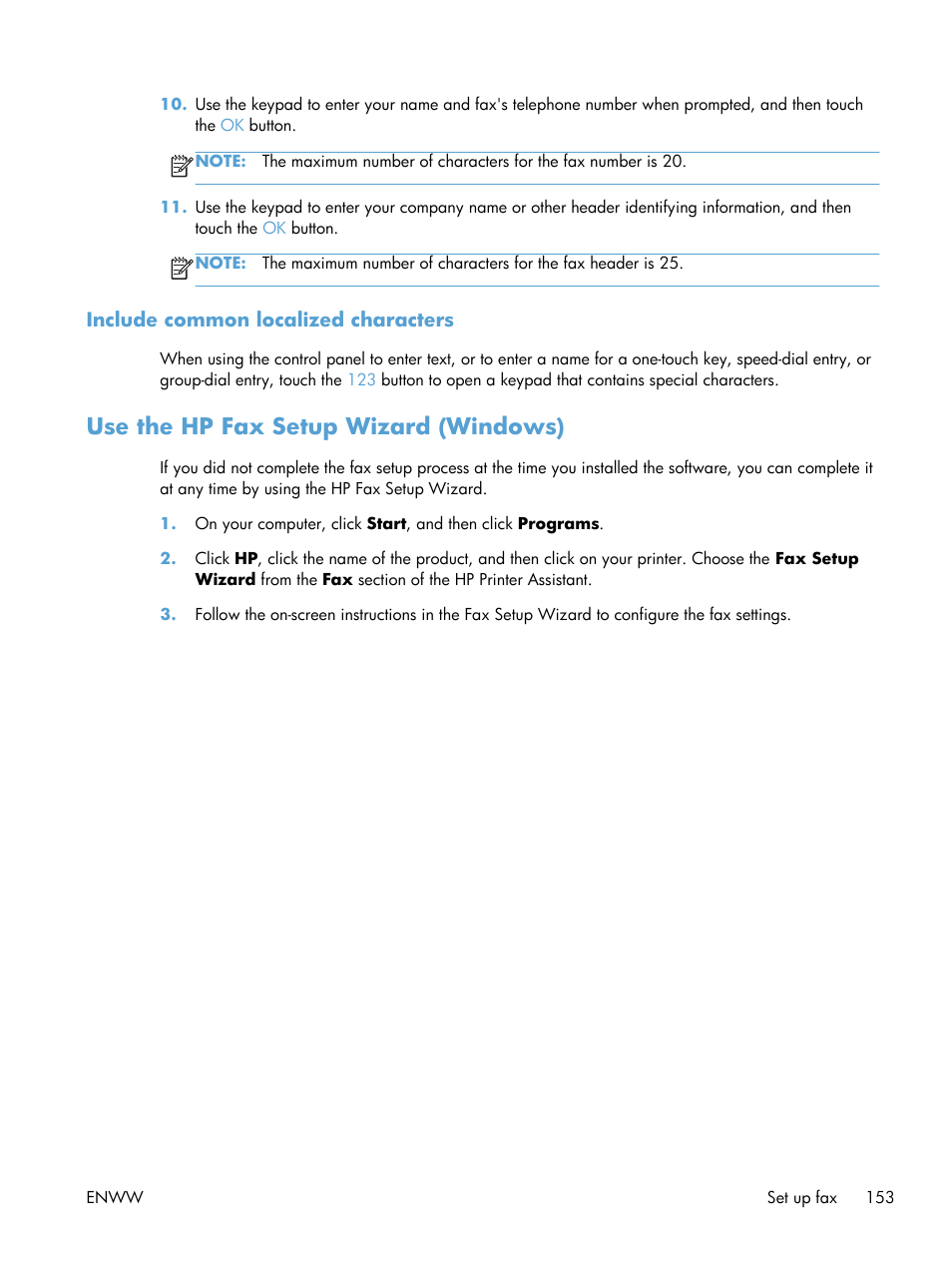 Include common localized characters, Use the hp fax setup wizard (windows) | HP Officejet Pro X576 Multifunction Printer series User Manual | Page 169 / 336