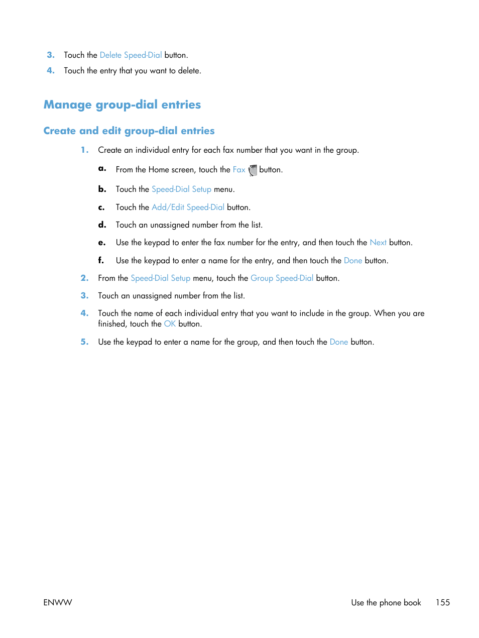 Manage group-dial entries, Create and edit group-dial entries | HP Officejet Pro X576 Multifunction Printer series User Manual | Page 171 / 336