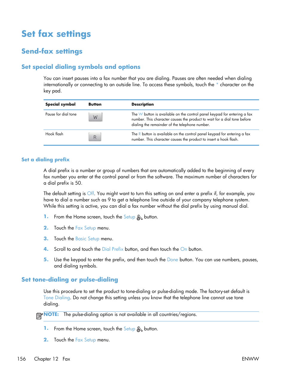 Set fax settings, Send-fax settings, Set special dialing symbols and options | Set a dialing prefix, Set tone-dialing or pulse-dialing | HP Officejet Pro X576 Multifunction Printer series User Manual | Page 172 / 336