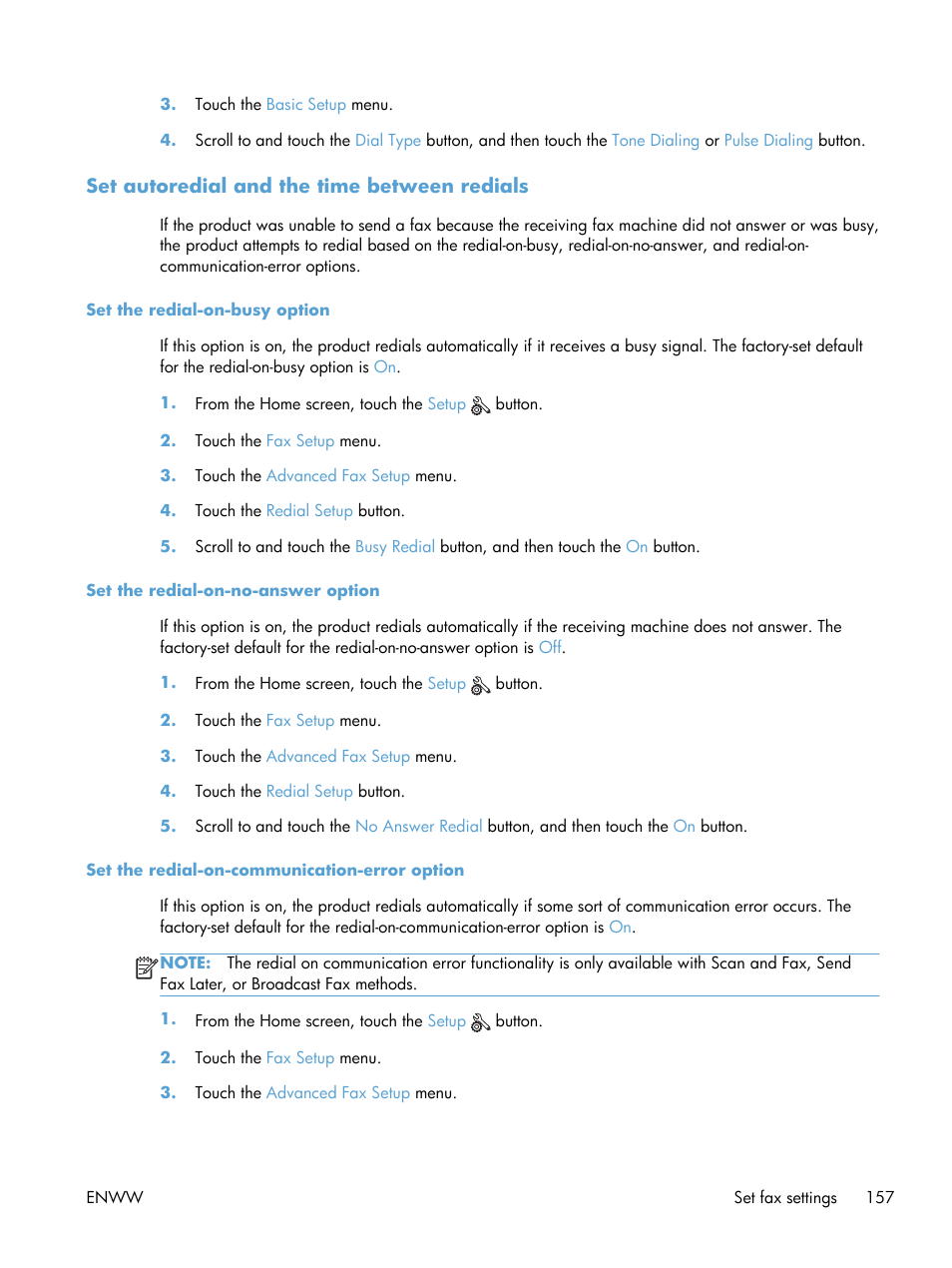 Set autoredial and the time between redials | HP Officejet Pro X576 Multifunction Printer series User Manual | Page 173 / 336