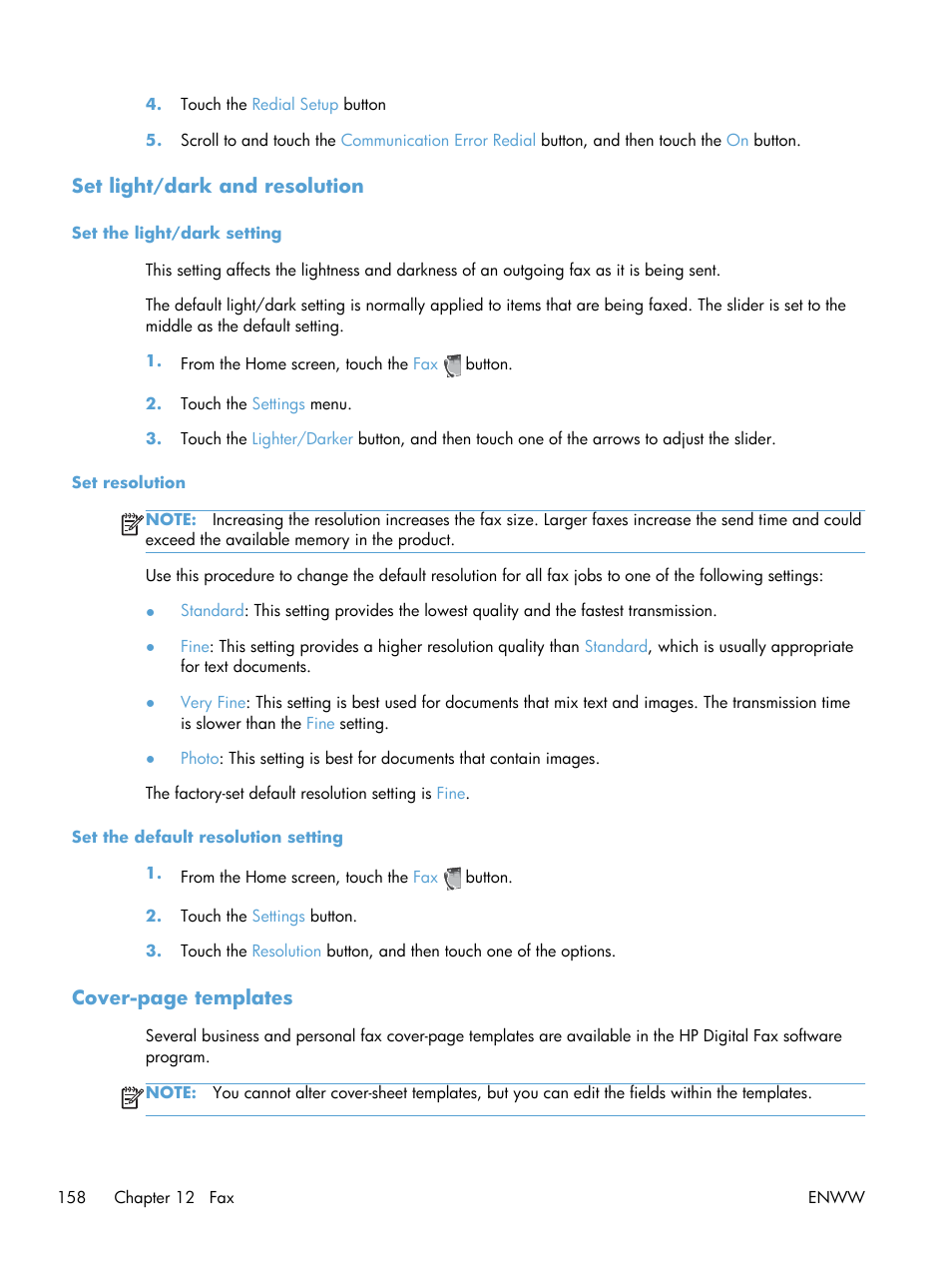 Set light/dark and resolution, Set the light/dark setting, Set resolution | HP Officejet Pro X576 Multifunction Printer series User Manual | Page 174 / 336