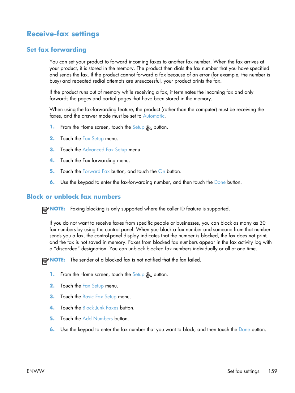 Receive-fax settings, Set fax forwarding, Block or unblock fax numbers | HP Officejet Pro X576 Multifunction Printer series User Manual | Page 175 / 336