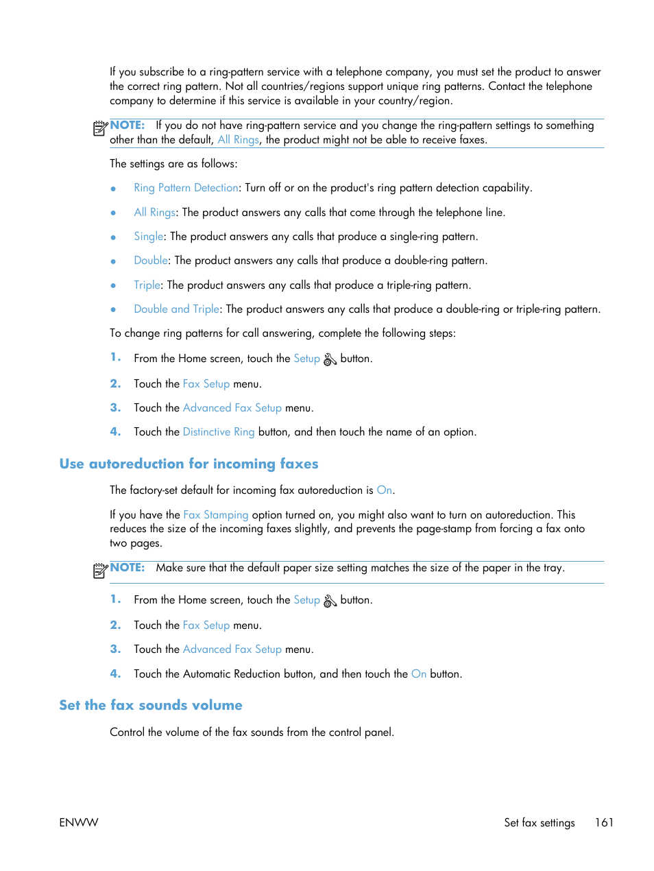 Use autoreduction for incoming faxes, Set the fax sounds volume | HP Officejet Pro X576 Multifunction Printer series User Manual | Page 177 / 336