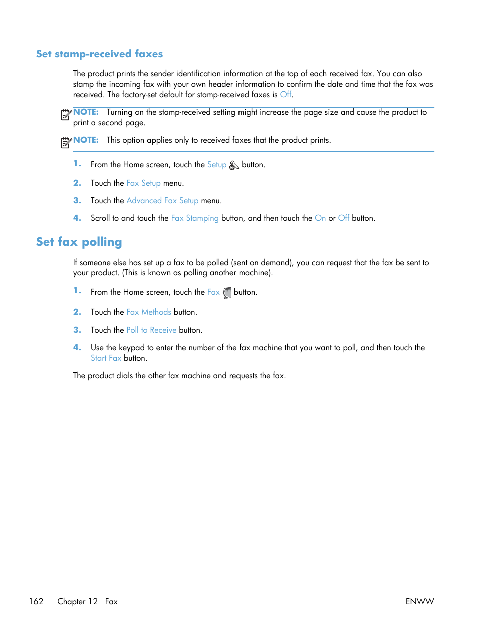 Set stamp-received faxes, Set fax polling | HP Officejet Pro X576 Multifunction Printer series User Manual | Page 178 / 336