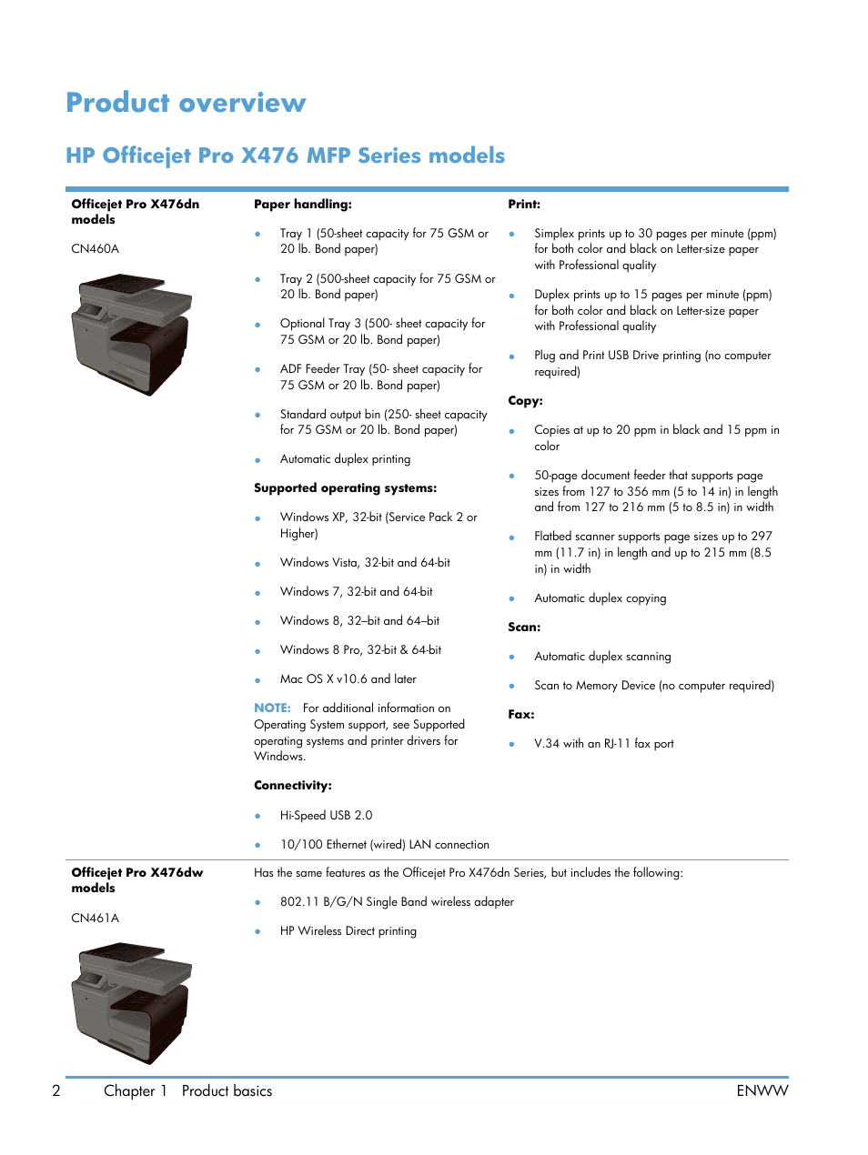 Product overview, Hp officejet pro x476 mfp series models, 2chapter 1 product basics enww | HP Officejet Pro X576 Multifunction Printer series User Manual | Page 18 / 336