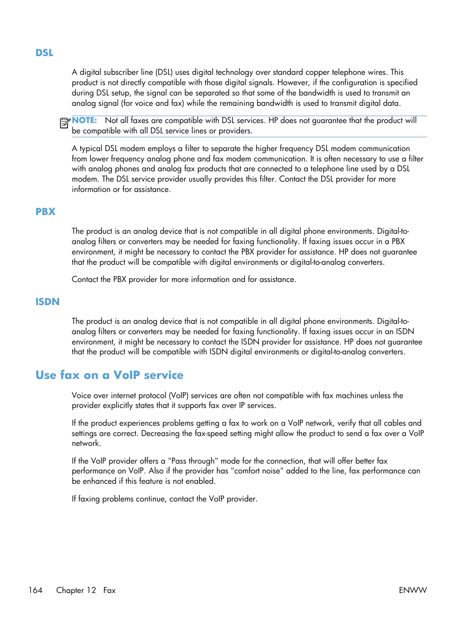 Isdn, Use fax on a voip service | HP Officejet Pro X576 Multifunction Printer series User Manual | Page 180 / 336