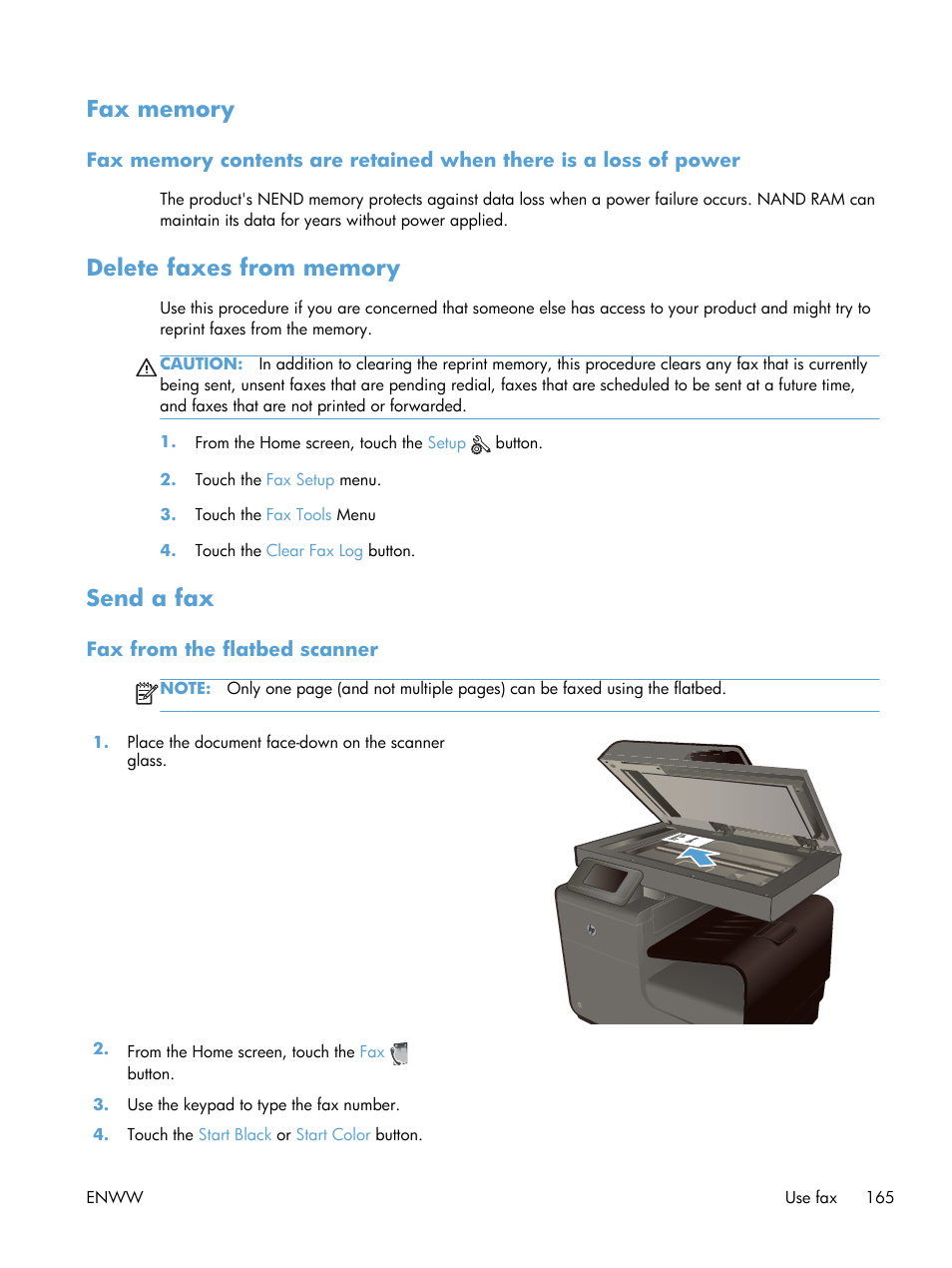 Fax memory, Delete faxes from memory, Send a fax | Fax from the flatbed scanner, Fax memory delete faxes from memory send a fax | HP Officejet Pro X576 Multifunction Printer series User Manual | Page 181 / 336