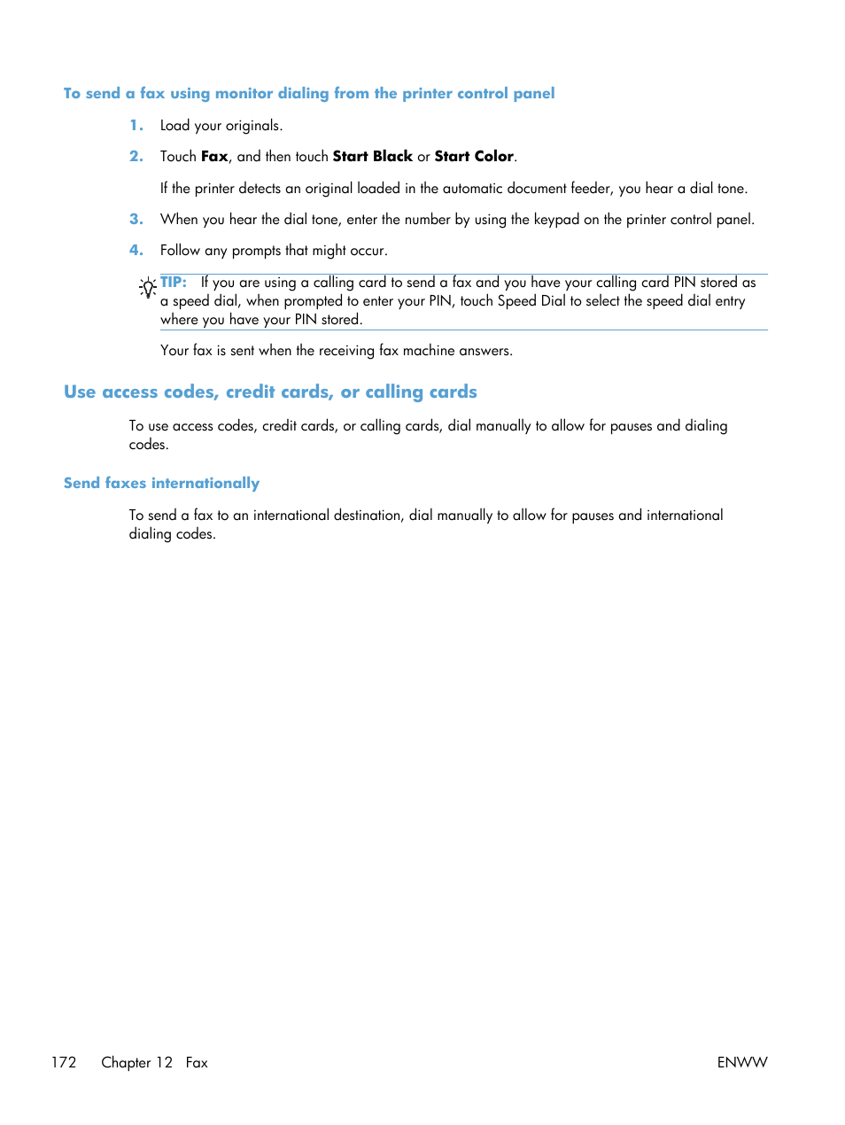 Use access codes, credit cards, or calling cards, Send faxes internationally | HP Officejet Pro X576 Multifunction Printer series User Manual | Page 188 / 336