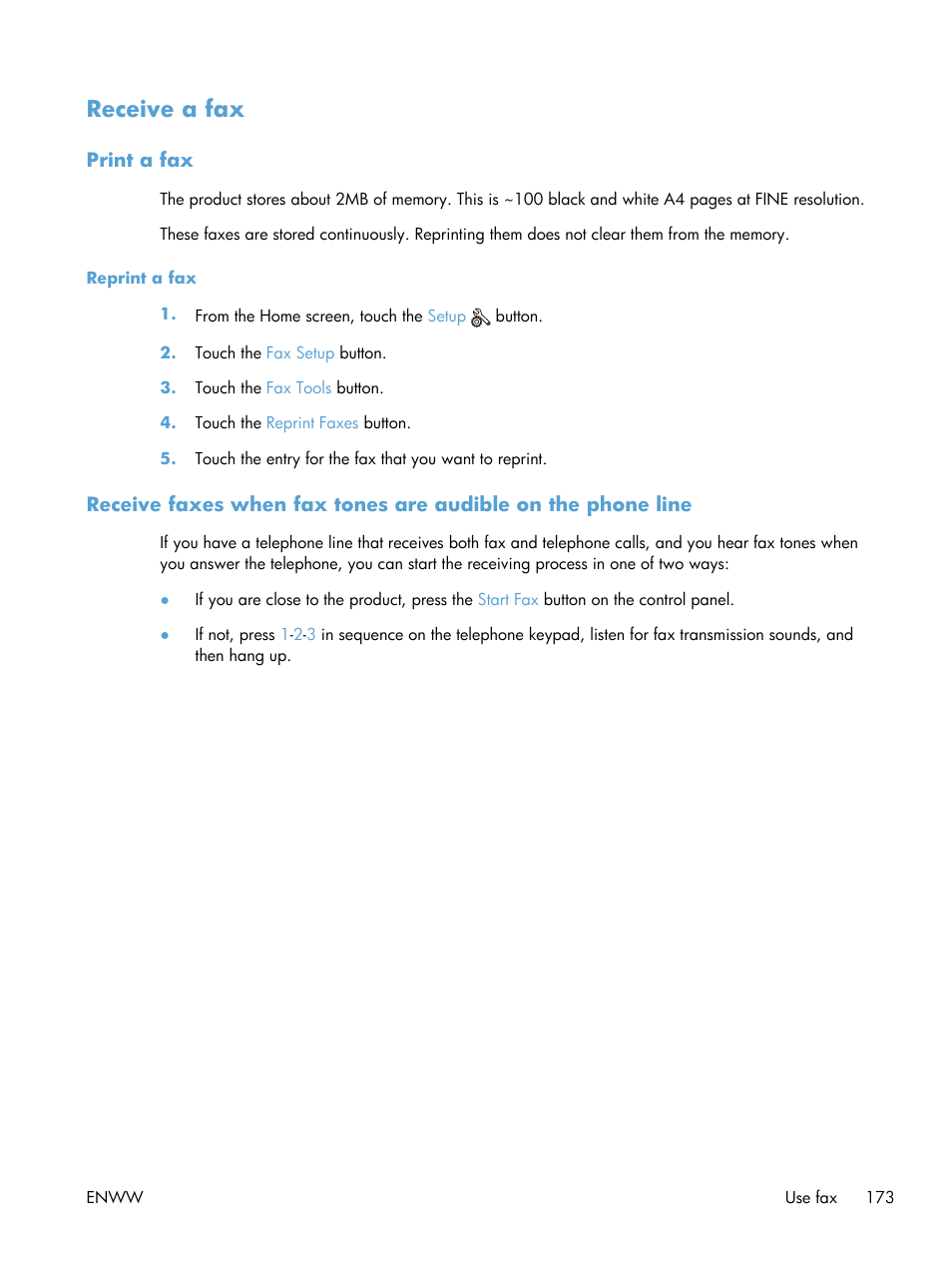 Receive a fax, Print a fax, Reprint a fax | HP Officejet Pro X576 Multifunction Printer series User Manual | Page 189 / 336