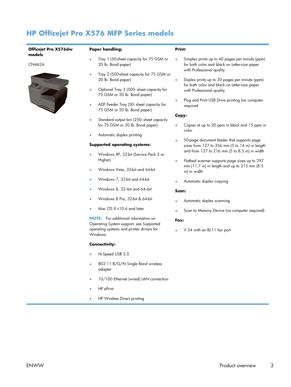 Hp officejet pro x576 mfp series models, Enww product overview 3 | HP Officejet Pro X576 Multifunction Printer series User Manual | Page 19 / 336