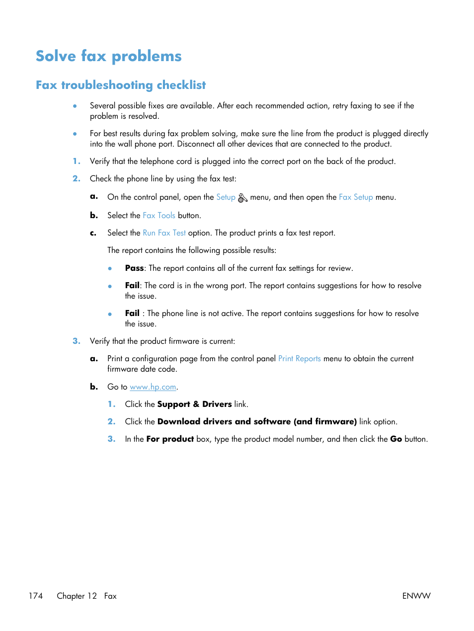 Solve fax problems, Fax troubleshooting checklist | HP Officejet Pro X576 Multifunction Printer series User Manual | Page 190 / 336