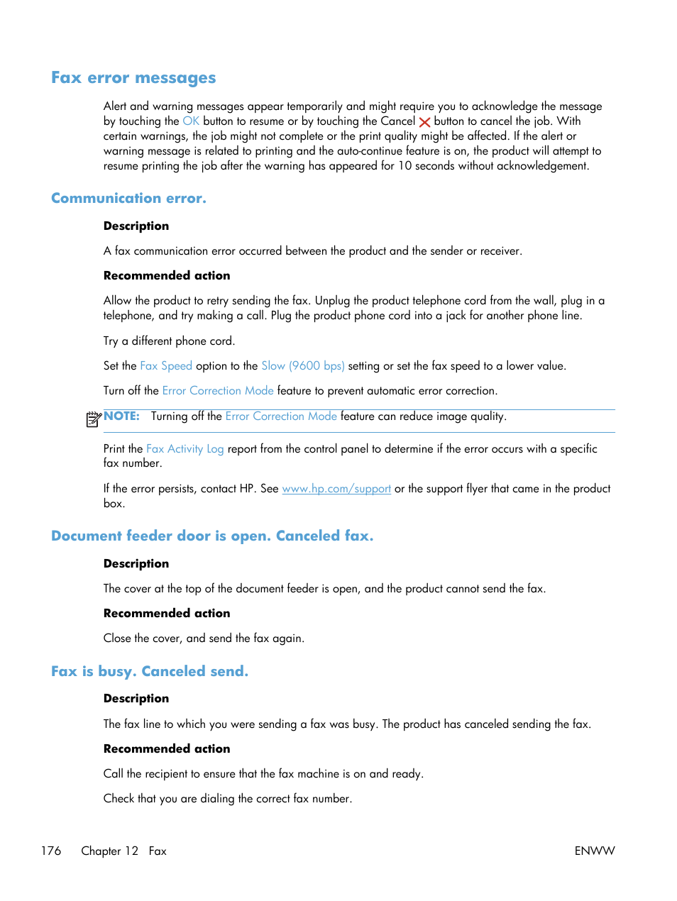 Fax error messages, Communication error, Document feeder door is open. canceled fax | Fax is busy. canceled send | HP Officejet Pro X576 Multifunction Printer series User Manual | Page 192 / 336