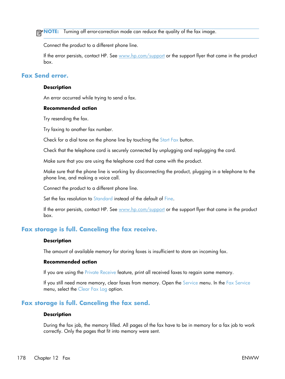 Fax send error, Fax storage is full. canceling the fax receive, Fax storage is full. canceling the fax send | HP Officejet Pro X576 Multifunction Printer series User Manual | Page 194 / 336