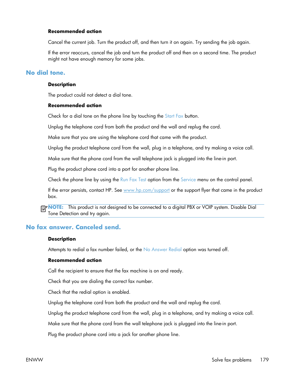 No dial tone, No fax answer. canceled send | HP Officejet Pro X576 Multifunction Printer series User Manual | Page 195 / 336