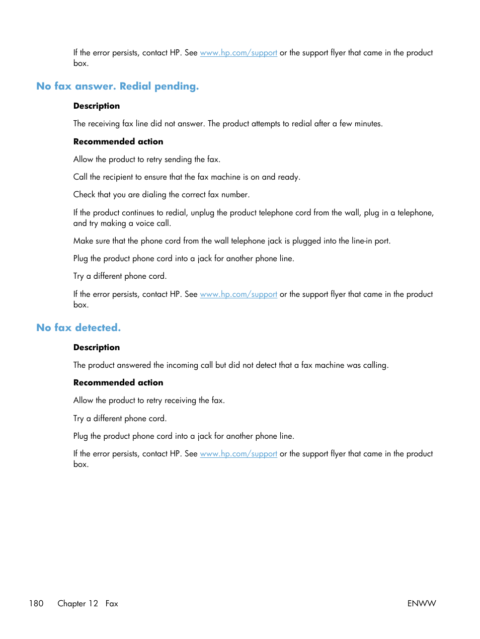 No fax answer. redial pending, No fax detected | HP Officejet Pro X576 Multifunction Printer series User Manual | Page 196 / 336