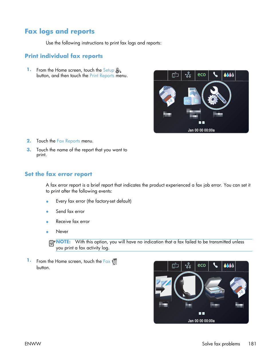 Fax logs and reports, Print individual fax reports, Set the fax error report | HP Officejet Pro X576 Multifunction Printer series User Manual | Page 197 / 336