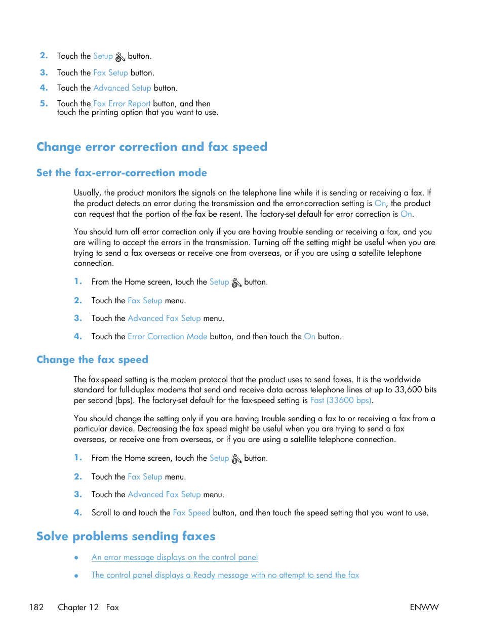 Change error correction and fax speed, Set the fax-error-correction mode, Change the fax speed | Solve problems sending faxes | HP Officejet Pro X576 Multifunction Printer series User Manual | Page 198 / 336