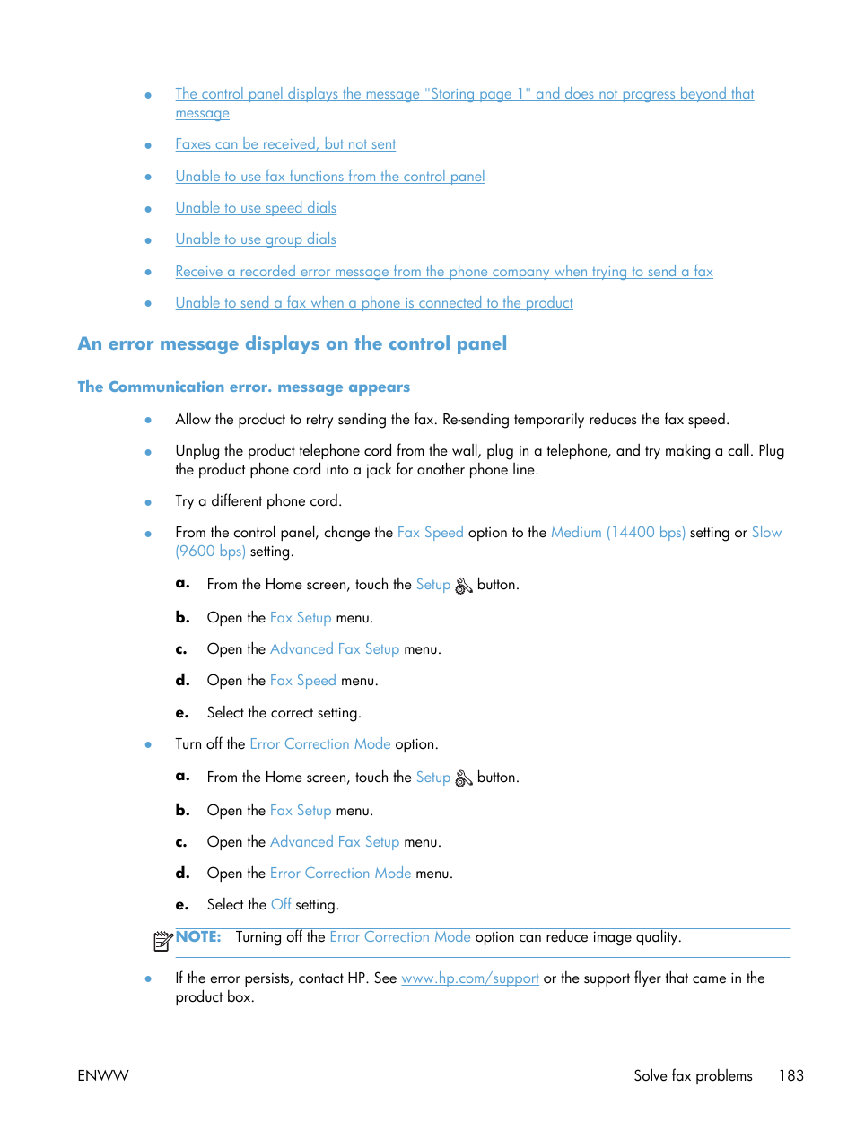 An error message displays on the control panel, The communication error. message appears | HP Officejet Pro X576 Multifunction Printer series User Manual | Page 199 / 336